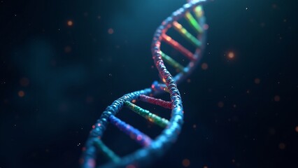 A detailed and artistic representation of a DNA strand glowing with vibrant colors, set against a dark background, ideal for themes of science, genetics, and biotechnology.