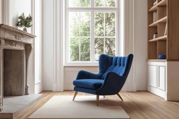 A blue armchair in a living room with a fireplace, a window with a view of the garden, and a bookshelf.