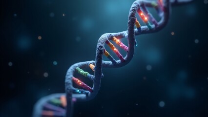 A detailed and artistic representation of a DNA strand glowing with vibrant colors, set against a dark background, ideal for themes of science, genetics, and biotechnology.