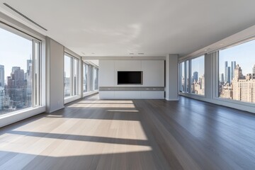 Obraz premium Modern living room with large windows and city views.