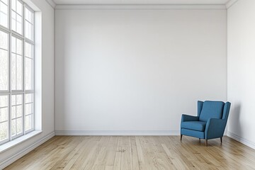 Fototapeta premium A single blue armchair sits in the corner of a white room with hardwood floors and a large window.