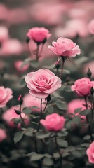 Elegant Cluster of Pink Roses Captured in Soft Focus Amidst Lush Greenery : Generative AI