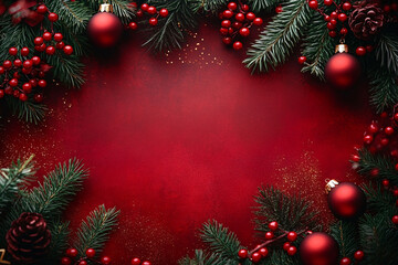 A festive Christmas flat lay featuring fresh evergreen branches, red berries, and ornaments on a crimson background, perfect for seasonal greetings and holiday marketing.