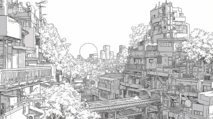 Fototapeta premium 桜の木とビルが立ち並ぶレトロな都会の風景,サンセット,