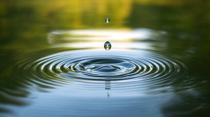A water drop falling into calm water creating ripples and reflections on a green surface.