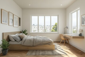 A modern bedroom with a large window overlooking a city view, a bed with white bedding, a desk with a chair, a plant, and a rug on the hardwood floor.