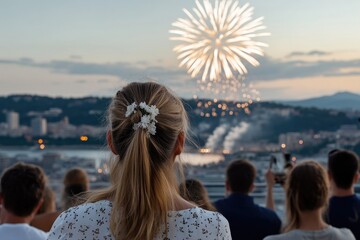 Joyful gathering: Celebration by happy people marking Greek Constitution Day, showcasing vibrant festivities, patriotic spirit as community comes together to honor significant national occasion.