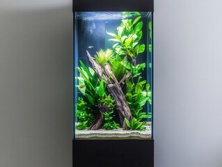Freshwater Aquarium Display with Lush Greenery Modern Home Interior Aquatic Decor Tranquil Ambiance Vertical Nature Concept