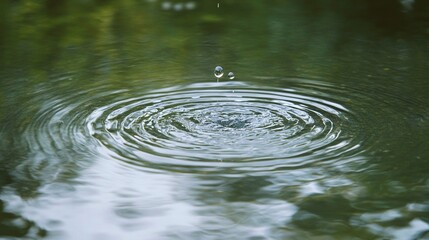 A water drop falling into calm water creating ripples and reflections on a green surface.