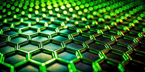 Fototapeta premium Night Photography of Honeycomb Metal Grid with Green Material Background Wallpaper, Ideal for Modern Design, Industrial Themes, and Textured Aesthetics in Digital Artworks