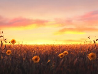 Fototapeta premium Golden Sunflower Field at Sunset Nature Landscape Warm Environment Tranquil Viewpoint Beautiful Concept for Relaxation