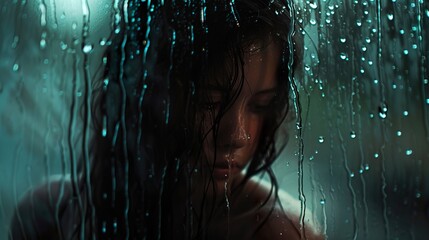 Fototapeta premium Woman Looking Down Through a Rainy Window - A Melancholy Portrait