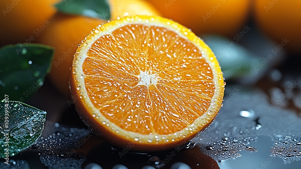 Poster dewy orange slice on wet surface with glimmering droplets : generative ai