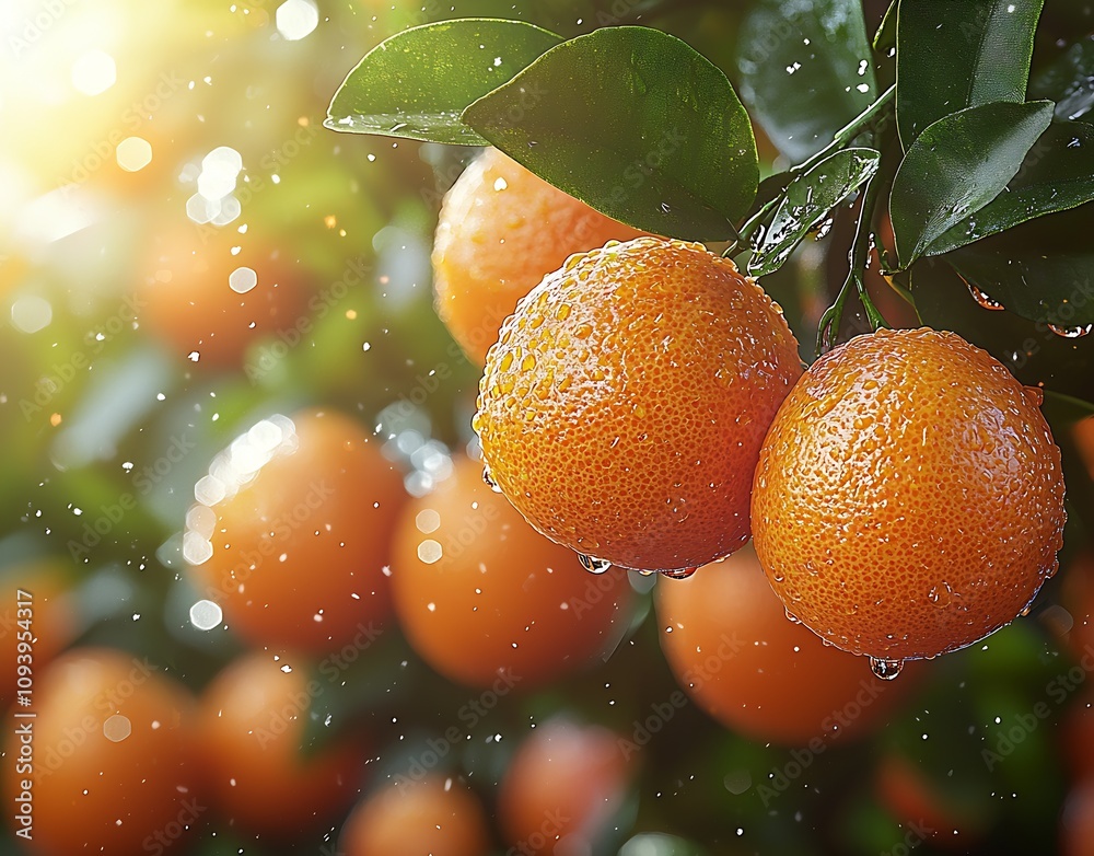Poster fresh juicy oranges on tree with sunlight filtering through leaves and water droplets : generative a