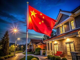 Night Photography of the Chinese Flag Waving Proudly on a Pole in Front of a House, Illuminated by Soft Lights Against a Dark Sky, Symbolizing National Pride and Heritage