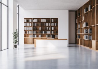 Minimalist office interior with large windows, a white reception desk, and two wooden bookshelves filled with books.