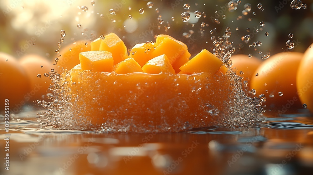 Poster Refreshing Mango Chunks in Splashing Water with Bokeh Background : Generative AI
