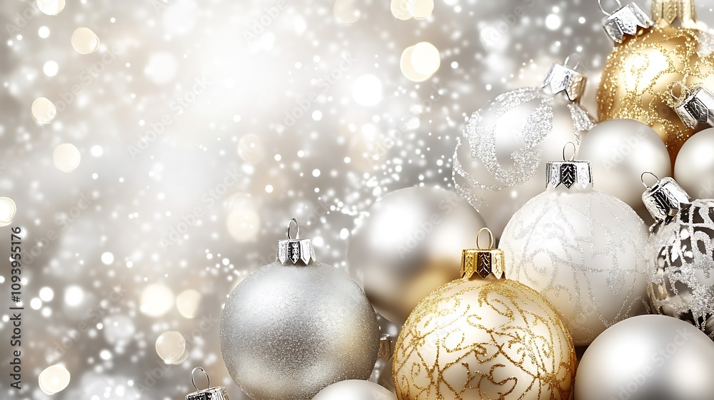 Poster Luxurious Display of Metallic Christmas Ornaments with Shimmering Bokeh Background : Generative AI