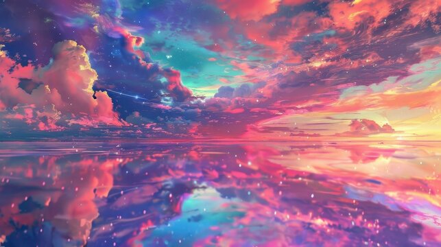 A shimmering pool reflects a endless technicolor skies that seem to merge with the universe.