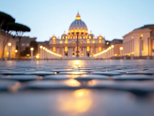 Fototapeta premium beautiful architectural view at dusk with illuminated dome and cobblestone foreground