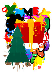 Gift box and pine tree graffiti tag. Abstract modern street art decoration performed in urban painting style.