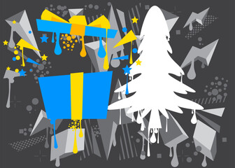 Gift box and pine tree graffiti tag. Abstract modern street art decoration performed in urban painting style.