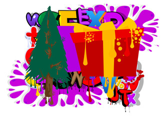 Gift box and pine tree graffiti tag. Abstract modern street art decoration performed in urban painting style.