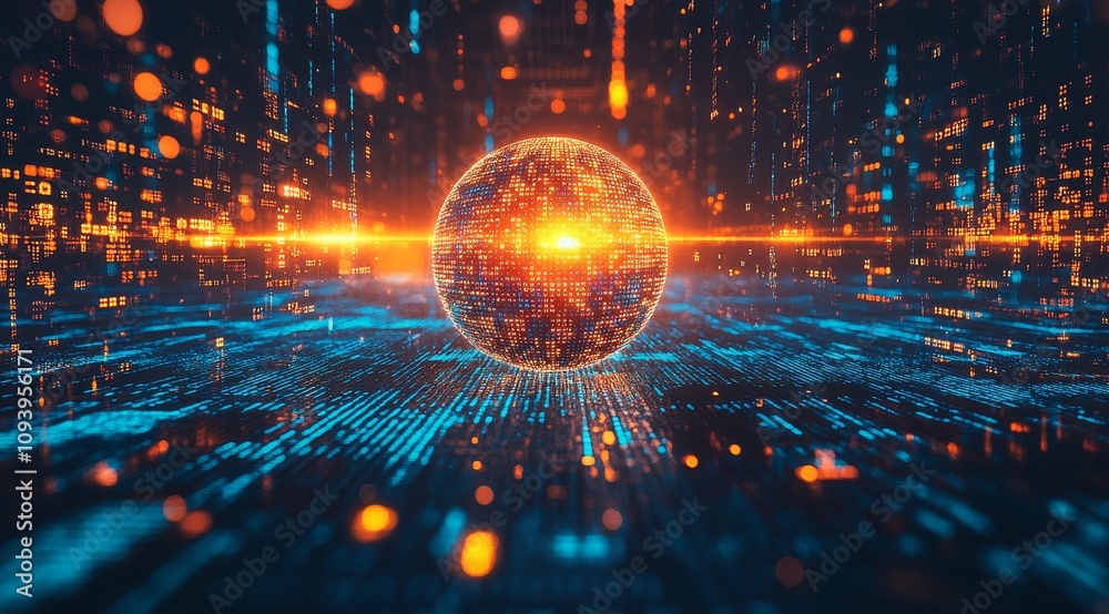Aufkleber a glowing orb sits on a digital landscape, surrounded by streams of data.