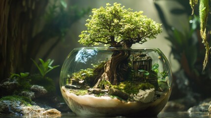 Enchanted Miniature Bonsai Forest in Glass Terrarium