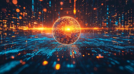 A glowing orb sits on a digital landscape, surrounded by streams of data.