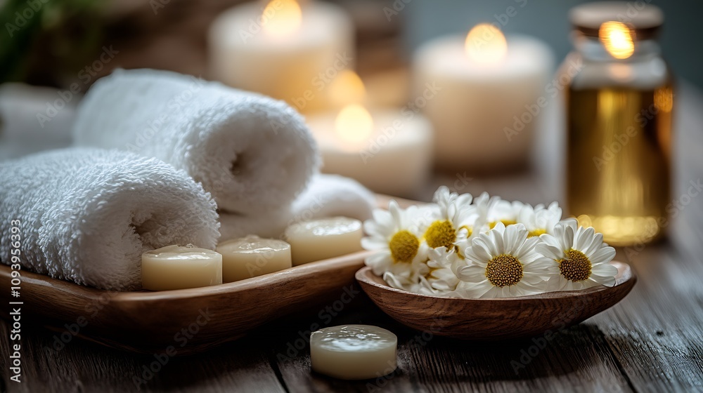 Poster luxurious spa setting with rolled towels candles and chamomile flowers on wooden trays : generative 