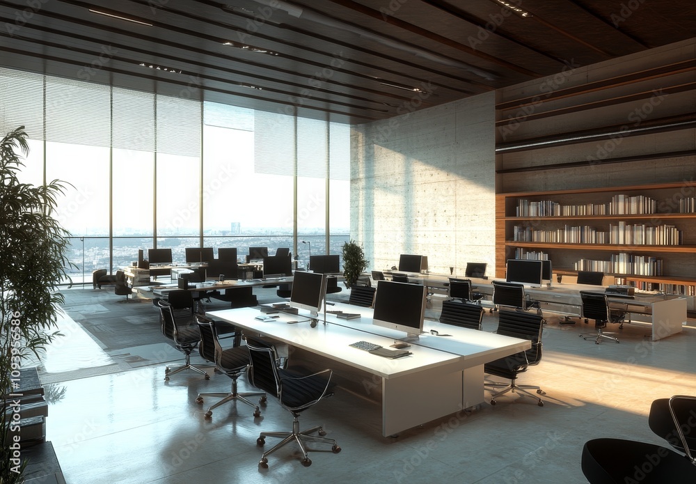 Poster a modern office with large windows, a bookshelf, and a view of the city.