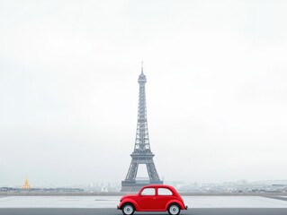 a red vintage car in front of a famous landmark on a cloudy day