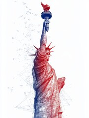 abstract vector illustration of the Statue of Liberty in a wireframe structure with floating debris and crumbling walls.