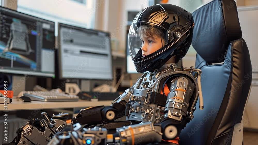 Aufkleber In a sleek workspace filled with monitors, a child is seated and fully equipped in a futuristic robotic suit, immersed in technology and exploration, showcasing the future of robotics.