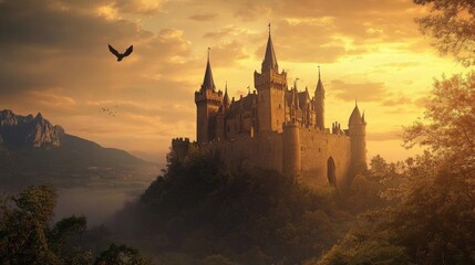 Obraz premium A Majestic Castle Stands Tall on a Mountaintop, with Golden Sunset Sky Above and Birds in Flight, A Romantic Setting for a Fairytale