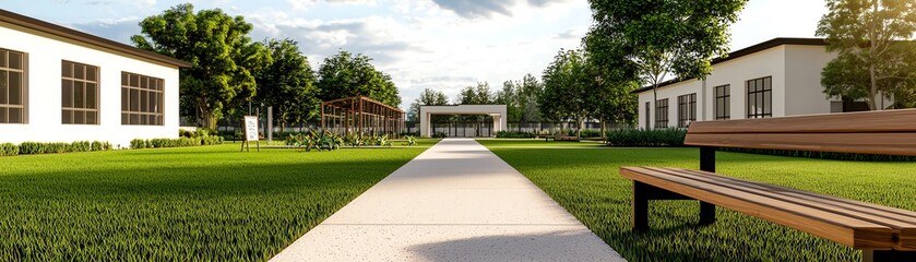 Obraz premium A serene pathway through a landscaped area, featuring modern buildings and lush greenery, inviting relaxation.