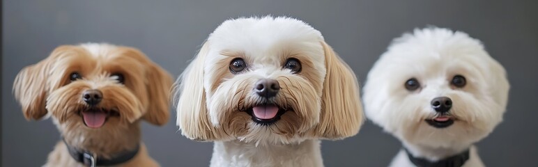 Charming trio of small dogs with perfectly groomed coats indoor : Generative AI