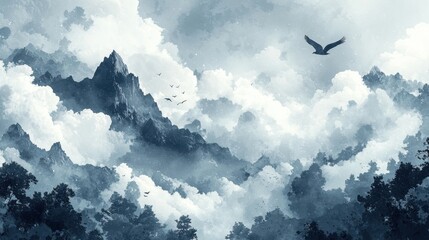 Fototapeta premium Majestic Mountainscape Eagle Clouds Forest Peaks Serenity