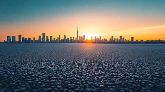 Asphalt road square and city skyline with modern buildings scenery at sunrise.