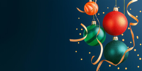 Festive holiday background featuring dark teal tones and sparkling Christmas balls