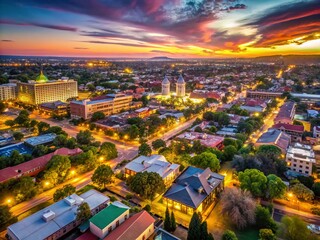 Panoramic Aerial View of Bloemfontein City at Twilight in Free State, South Africa, Showcasing Urban Exploration and Stunning Cityscape Scenery