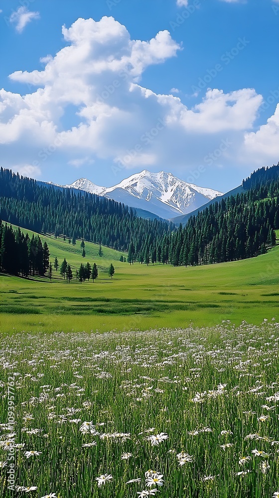 Aufkleber Spectacular Mountain Range with Flowering Fields Under a Vast Azure Sky : Generative AI