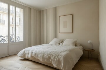 Fototapeta premium A minimalist bedroom with a large window, a bed with white linens, a side table with a lamp, and a framed print on the wall. The walls are painted in a light beige color and the floor is made of wood.