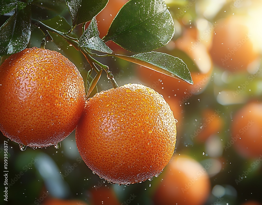 Poster Ripe Oranges Glowing with Sunlight on Leafy Branch in Orchard Setting : Generative AI
