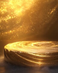 Obraz premium Artistic gold podium with a frosted base, surrounded by a whirlwind of abstract shimmering blues and whites