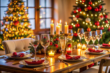 A festive Christmas table setting with glasses of champagne, perfect for a celebratory dinner