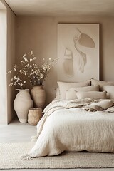 Elegant Neutral Bedroom with Stylish Decor and Abstract Art for a Relaxing Retreat : Generative AI
