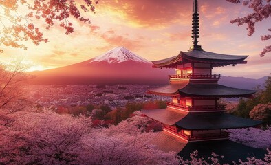 A pagoda with Mt. Fuji in the background, with a stunning sunset and cherry blossom trees.