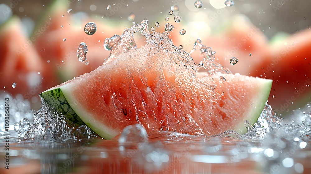 Poster vibrant watermelon chunk in glamorous splash with droplets freezing in mid air : generative ai